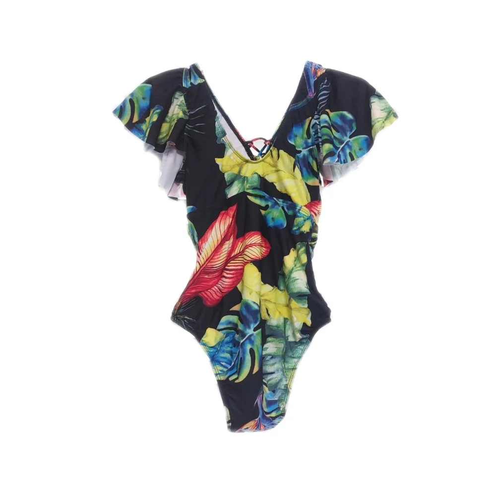 Peddney One Piece Tropical Lace Up Plunge Flounce Sleeve Bathing Suit Womens S - Picture 5 of 5